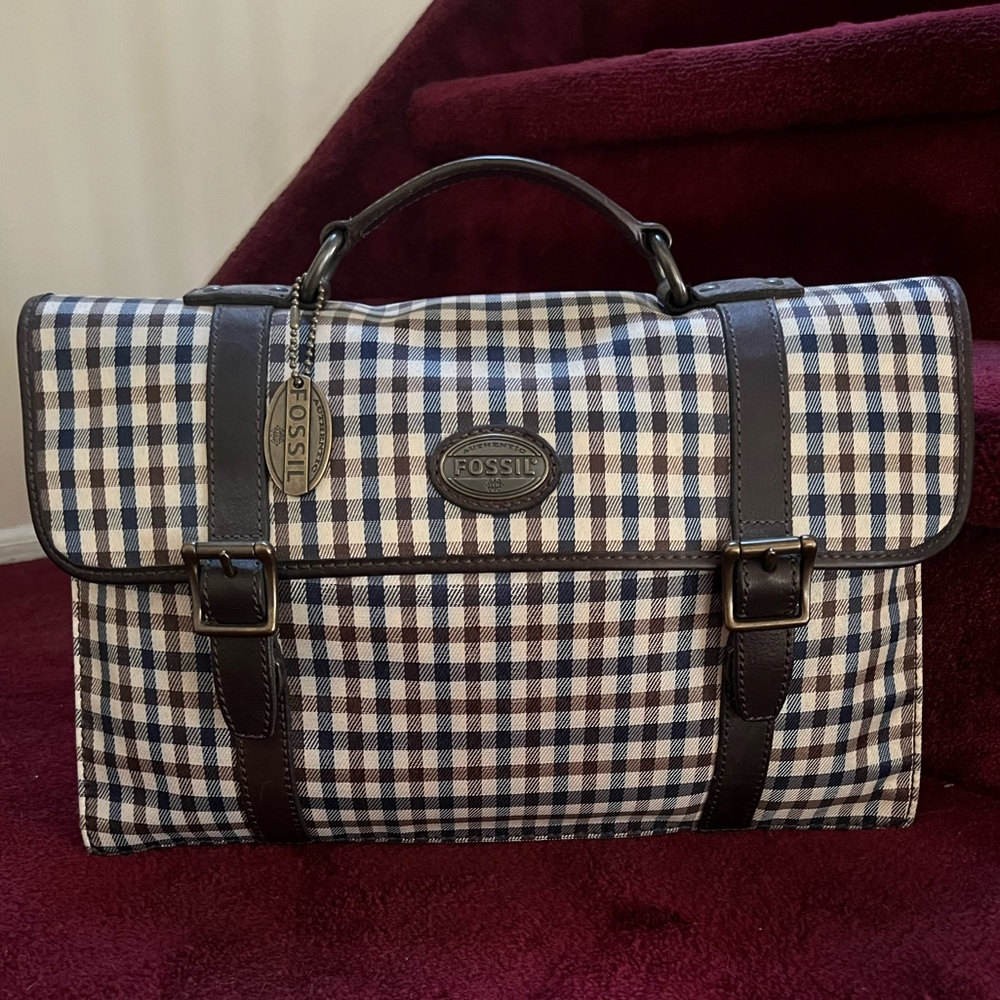 Fossil Gingham Briefcase with Dark Brown Trims